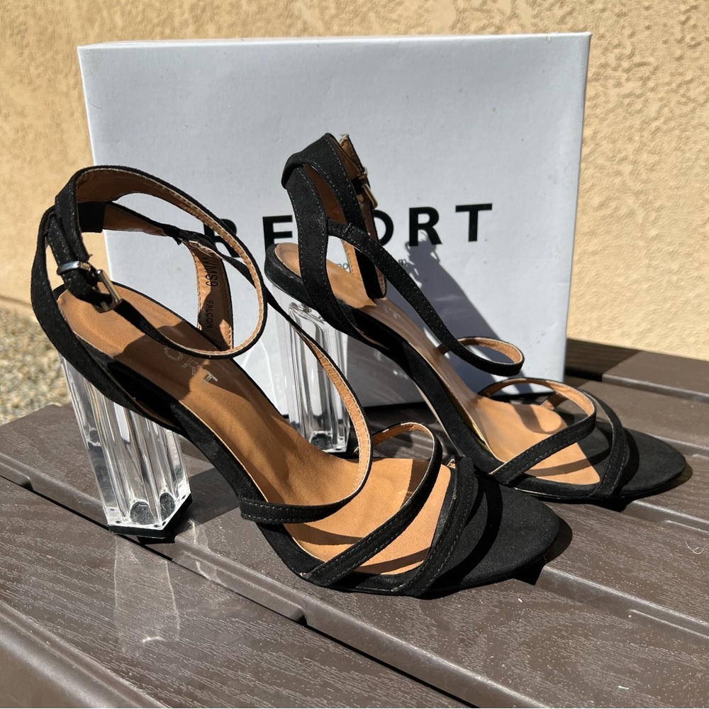 Report Black strap clear heel
